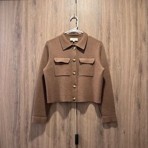 Sezane Betty Tan/Brown Merino Wool Collared Shirt Cardigan Size S